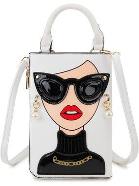 Women White 3b Novelty Lady Face PU Leather Shoulder Bag Handle Satchel Clutch